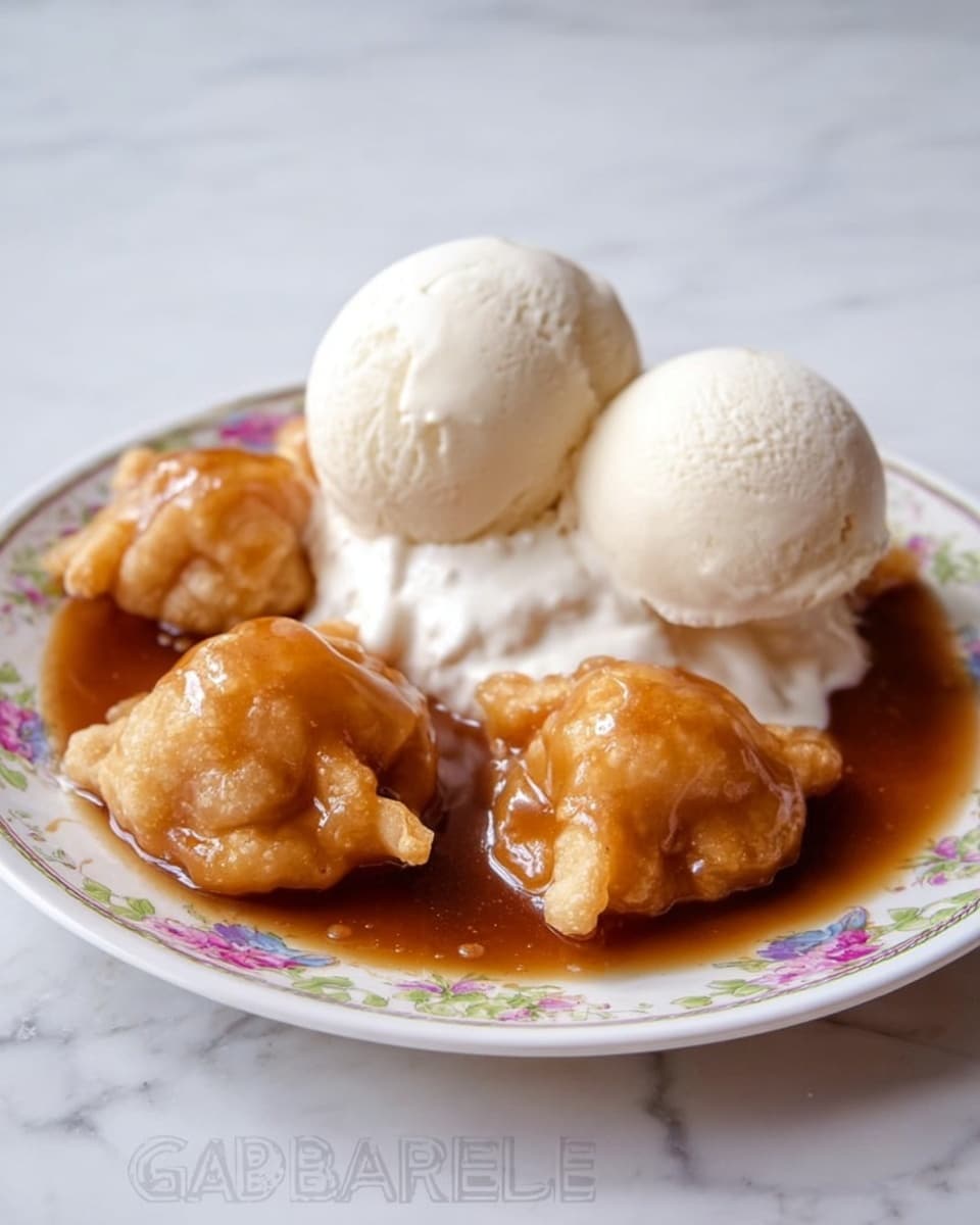 A white bowl with small pink flower designs holds five golden brown fried dough balls covered in a shiny light brown sauce with a slightly thick texture. A big scoop of white ice cream sits in the middle on top of the dough balls, contrasting with the warm sauce and crispy dough. The bowl is placed on a white marbled surface, and the scene looks cozy and inviting. photo taken with an iphone --ar 4:5 --v 7
