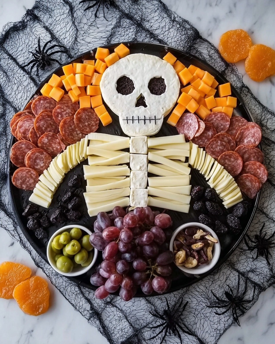 This dish is arranged as a skeleton on a white marbled background. The skull is made of a large piece of white cheese with two round eye holes and a triangle nose hole. Below the skull are small round white cheese slices stacked to form the neck. The eye sockets are filled with black olives and the mouth area shows small black squares resembling teeth. Around the upper skull are orange cheese cubes creating the shoulders, with clusters of black grapes on each side. The ribs are made from layers of thin pale yellow cheese slices fanned out, with folded slices of dark red salami layered vertically in the middle to mimic ribs and spine. At the top edges, slices of round red meat are placed in a curve. The whole setup lies on a white marbled surface. photo taken with an iphone --ar 4:5 --v 7