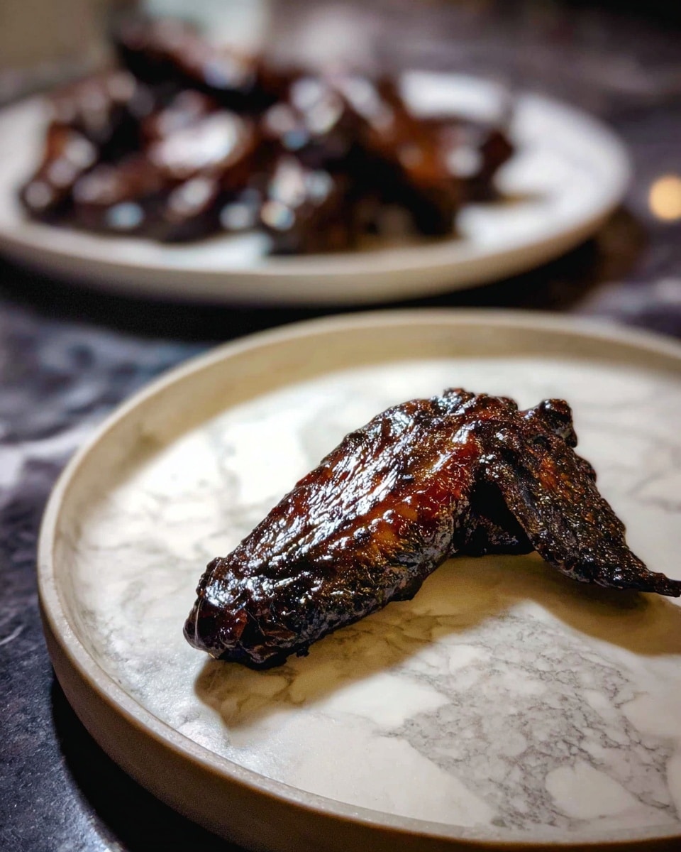 A dark, shiny cooked chicken wing placed on a round white plate, showing a textured, glossy surface with charred and slightly wrinkled skin. Behind it, there is another white plate with several similar dark wings slightly out of focus. Both plates sit on a white marbled surface that contrasts with the dark food. Photo taken with an iphone --ar 4:5 --v 7