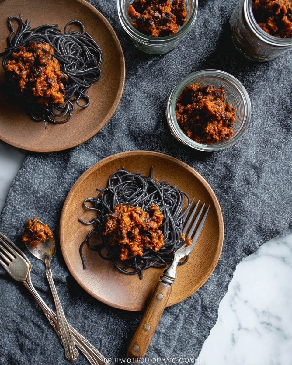 The image shows black spaghetti topped with a chunky reddish-brown meat sauce. There are two round light wood plates, each with a small mound of black spaghetti partly covered with the sauce. One plate has a vintage fork with a wooden handle resting on it, tangled with some pasta. Around the plates are three clear glass jars, each holding smaller portions of the same black spaghetti and sauce. Two silver forks rest together on a white marbled surface, which contrasts with the dark table and gray cloth beneath the plates and jars. The scene is lit softly from above, giving a rustic and simple look photo taken with an iphone --ar 4:5 --v 7