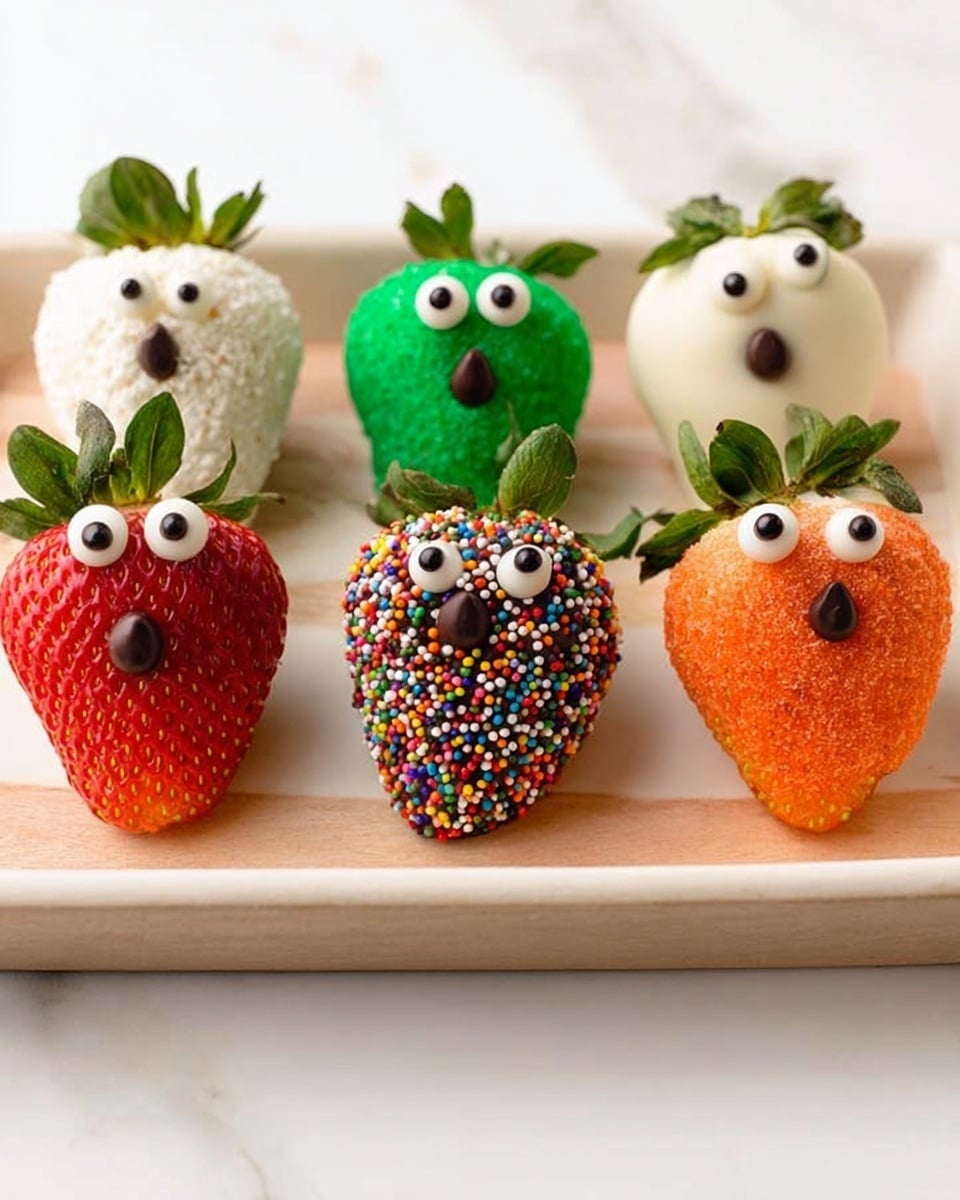 A strawberry dipped in smooth white chocolate, with the chocolate covering most of the strawberry except the top part showing the red color and green leaves. Two small round white candy pieces with black centers form eyes near the top middle, and a single round dark chocolate piece is placed slightly lower to look like a nose. The strawberry sits alone on a dark speckled surface. photo taken with an iphone --ar 4:5 --v 7
