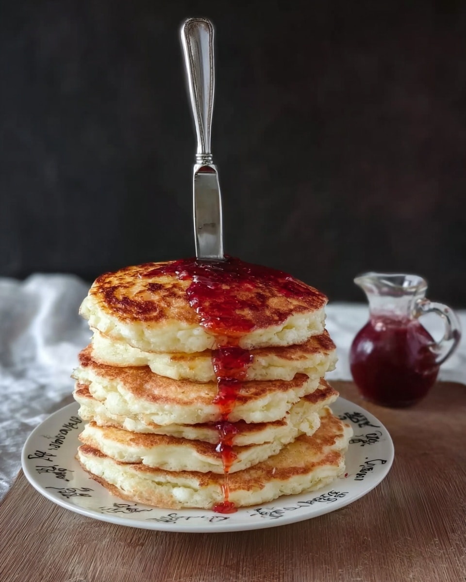 A tall stack of six fluffy, golden-brown pancakes sits centered on a white plate with black text decoration. A silver knife is stuck upright into the middle of the top pancake, with bright red syrup slowly dripping down the sides of the stack. To the right, a small clear glass jug filled with the same red syrup sits on a wooden surface. The background is dark, and the surface beneath the plate is a white marbled texture. Photo taken with an iphone --ar 4:5 --v 7