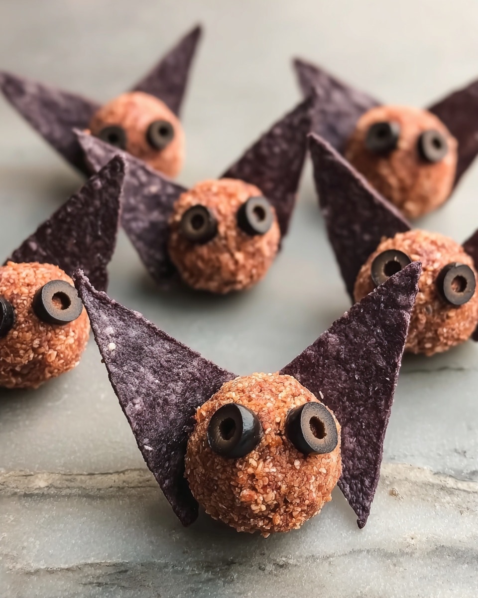 The image shows five small round cheese balls that are decorated to look like bats. Each cheese ball is a light purple color mixed with orange bits, placed on a black rectangular board. Two large dark purple tortilla chips are stuck into each cheese ball, standing out like bat wings on the sides. Two slices of black olive are placed on top of each cheese ball to represent eyes, giving them a fun and spooky look. A knife with a red handle featuring a figure is placed at the bottom left of the board. The background is a white marbled texture. photo taken with an iphone --ar 4:5 --v 7