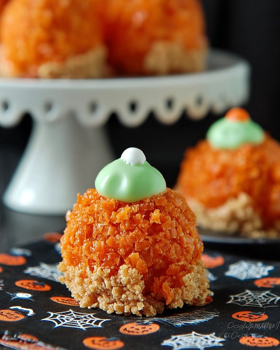 Three orange, round Rice Krispies treats shaped like pumpkins sit on a white plate with a brown and orange striped rim. Each pumpkin has a small dollop of bright green frosting on top, with little lines of green frosting coming down the sides like pumpkin stems and vines. Around the pumpkins on the plate are three light brown Hershey's Kisses. The background is a plain dark color, and the plate is placed on a white marbled surface. Photo taken with an iphone --ar 4:5 --v 7