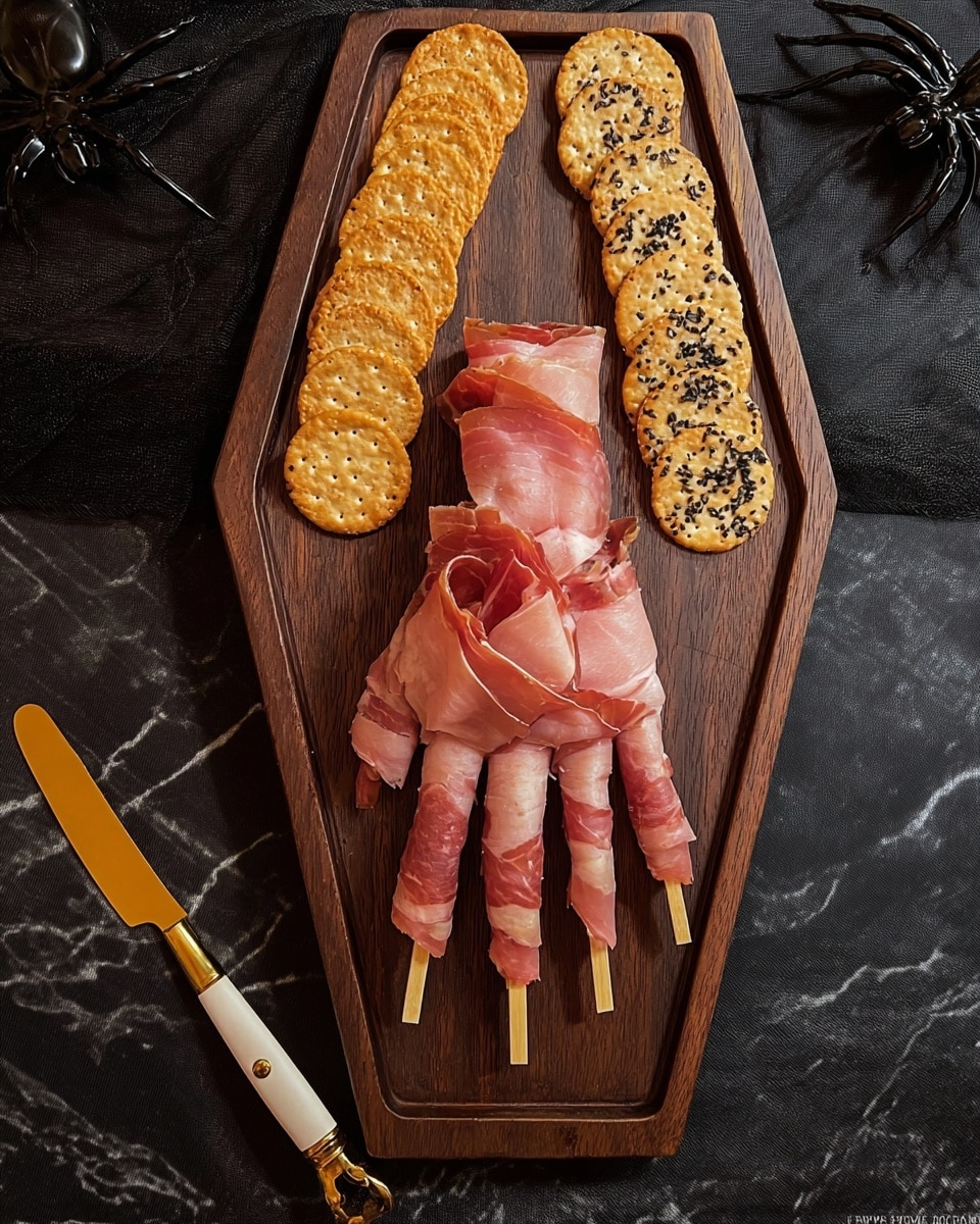 Thin slices of pink and light brown cured meat are arranged to look like a woman's hand with five fingers spread out on a dark wooden board. Around the meat hand, there are two neat rows of round crackers with different toppings—on the left, golden brown crackers with small white sesame seeds, and on the right, crackers speckled with black seeds. A golden knife with a small amount of white spread rests near the wrist area of the meat hand. The overall look is rustic with a focus on the layered texture of the meat and the crispness of the crackers, photo taken with an iphone --ar 4:5 --v 7