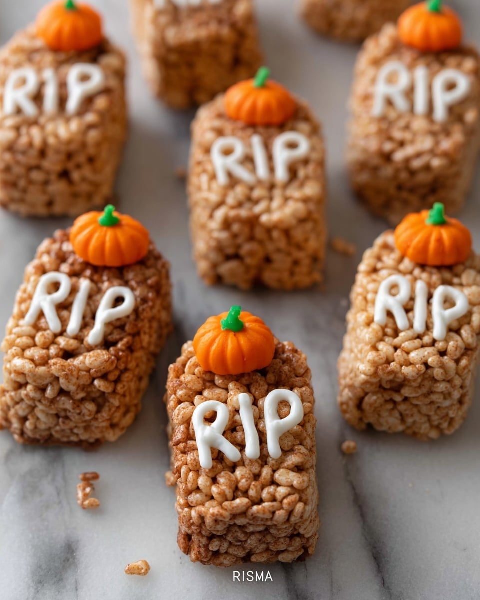 The image shows several tombstone-shaped treats made from a brown, crispy rice cereal mixture. Each tombstone stands upright and is decorated with white icing spelling out