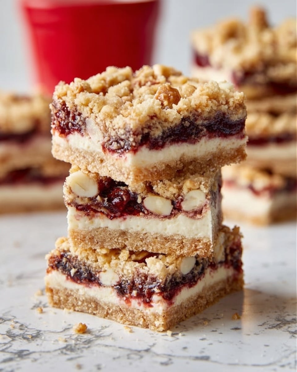 The image shows three stacked dessert bars on a white marbled surface. Each bar has four distinct layers: the bottom layer is a light, crumbly base, the second layer is a white cream filling with small nut pieces, the third layer is a dark, sticky fruit filling with red and purple hues, and the top layer is a golden, crumbly topping with more nuts scattered across. The bars look thick and soft, with a textured, crumbly edge. In the background, there is a red container and out-of-focus bars stacked on the left side. photo taken with an iphone --ar 4:5 --v 7