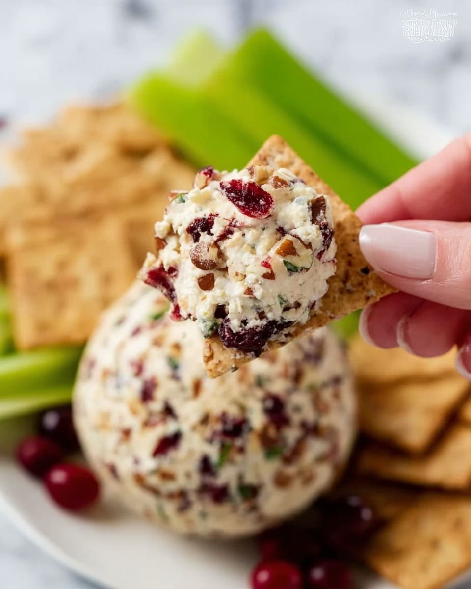 A close-up of a woman's hand holding a small triangular cracker topped with a creamy cheese spread that has bits of red cranberries and nuts, showing a rough and textured surface. Below, there is a round cheese ball covered with pieces of nuts and more cranberries embedded in the cheese spread. Around the cheese ball on a white plate, there are more triangular crackers slightly blurred in the background, with some green celery sticks adding a fresh color contrast. The entire scene is set on a white marbled textured surface, giving a clean and bright look. Photo taken with an iphone --ar 4:5 --v 7