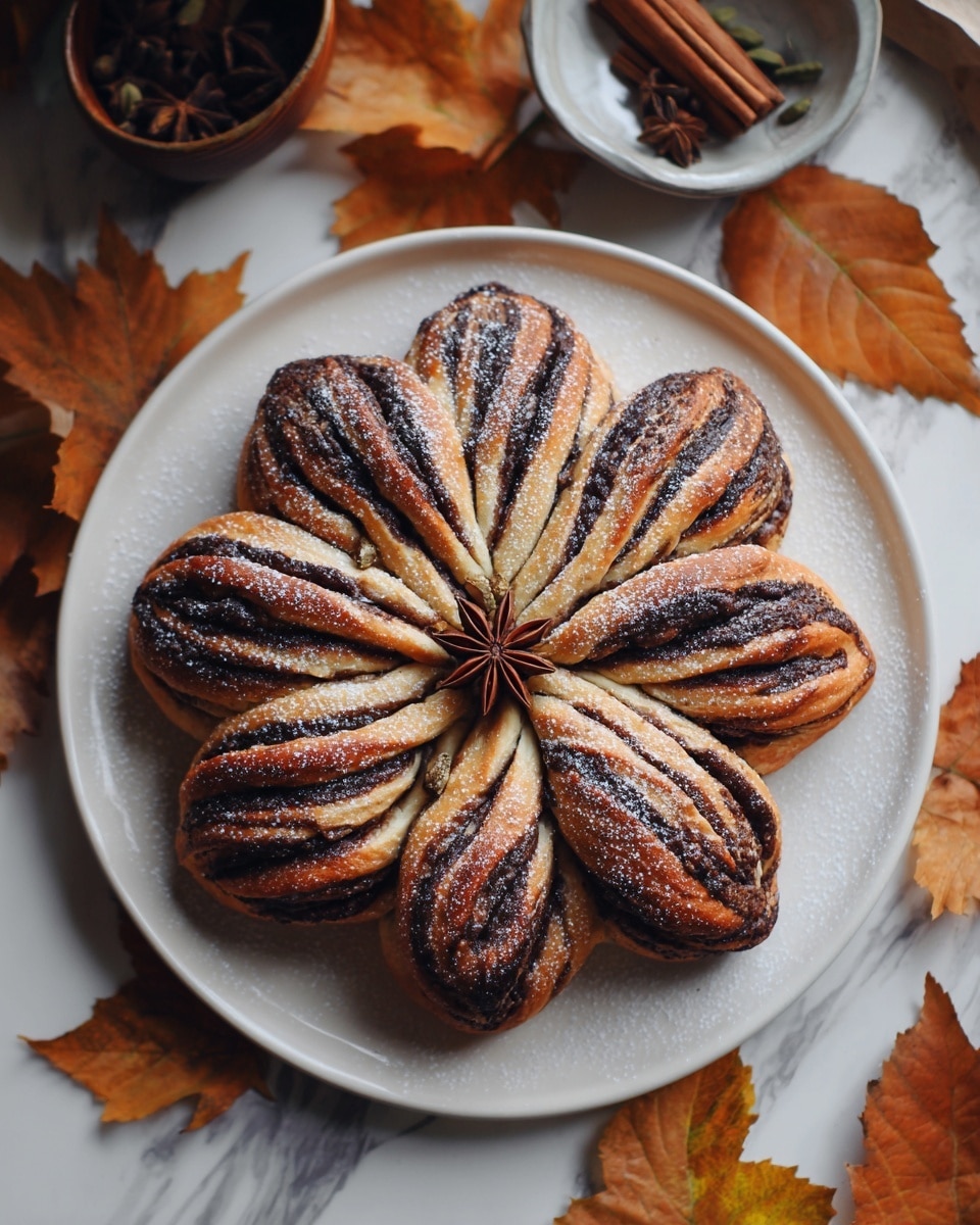 A flower-shaped bread with eight twisted petals sits on a white plate, each petal showing layers of golden brown dough and dark brown filling, creating a striped pattern with a slightly crunchy texture. The center of the bread has a small round piece topped with a star anise. The bread is dusted lightly with white powdered sugar. The plate rests on a surface with white marbled texture, surrounded by autumn leaves and a small bowl with cinnamon sticks and cardamom pods in the background. photo taken with an iphone --ar 4:5 --v 7