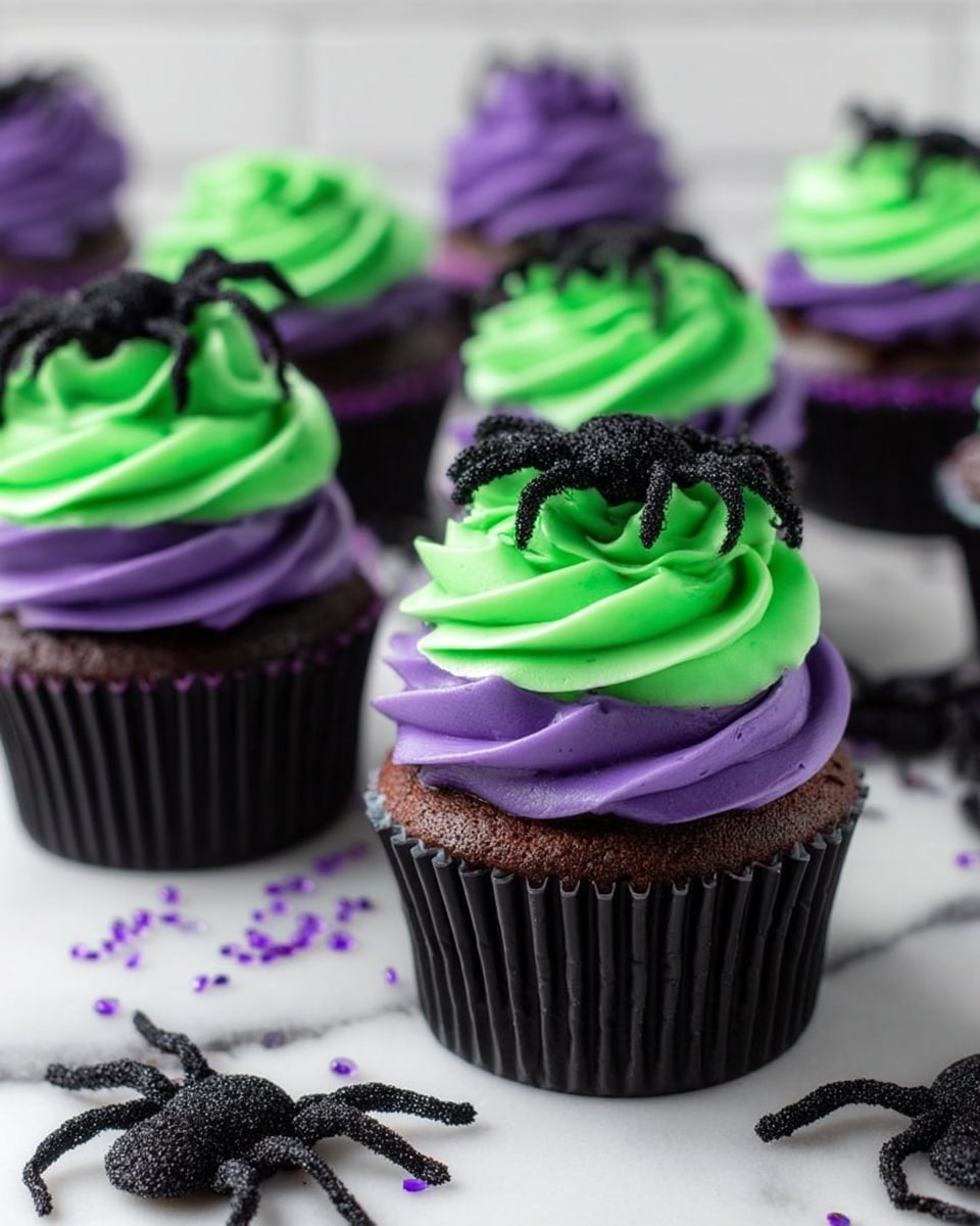 The image shows several chocolate cupcakes in black liners on a white marbled surface. Each cupcake has two layers of frosting: the bottom layer is purple with a smooth, swirled texture, and above it is a bright green layer, also swirled. On top of the green frosting is a small swirl of black frosting, shaped like a flower. Around the cupcakes are black glittery spider decorations and small purple sprinkles scattered on the surface. The background appears to be a blurred white tiled wall. Photo taken with an iphone --ar 4:5 --v 7