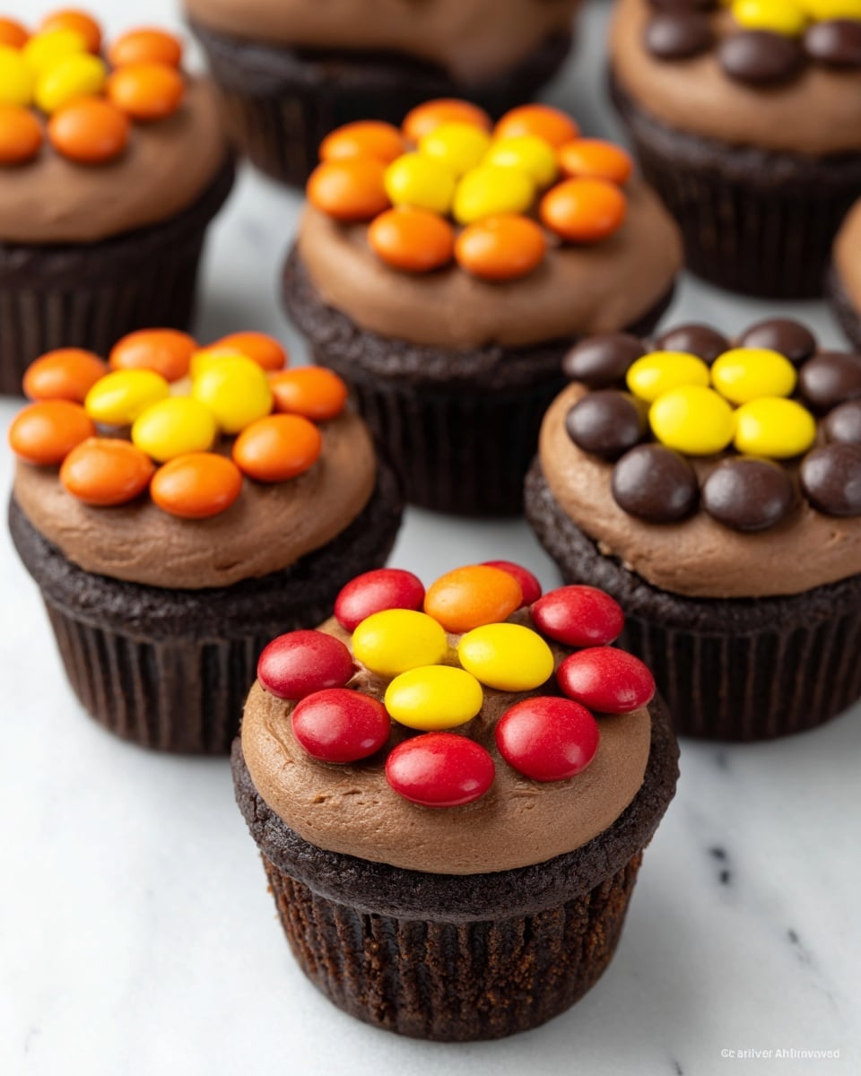 The image shows several chocolate cupcakes with two main layers: a dark brown cake base and a smooth layer of medium brown chocolate frosting on top. Each cupcake is decorated with colorful candy pieces arranged in a flower pattern, with one candy in the center and a ring of six candies around it. The candies come in bright colors including yellow, dark brown, red, and orange. The cupcakes are placed directly on a white marbled surface, with no plate or bowl visible. The photo taken with an iphone --ar 4:5 --v 7