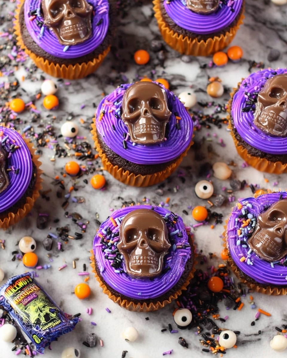 The image shows several cupcakes placed on a white marbled surface. Each cupcake has an orange paper liner and is topped with bright purple swirled frosting. On top of the frosting is a detailed milk chocolate skull. Around the cupcakes, there are scattered Halloween-themed sprinkles in black, orange, and white colors, including round orange balls and small eyeball candies. The scene has a festive and slightly spooky look. photo taken with an iphone --ar 4:5 --v 7