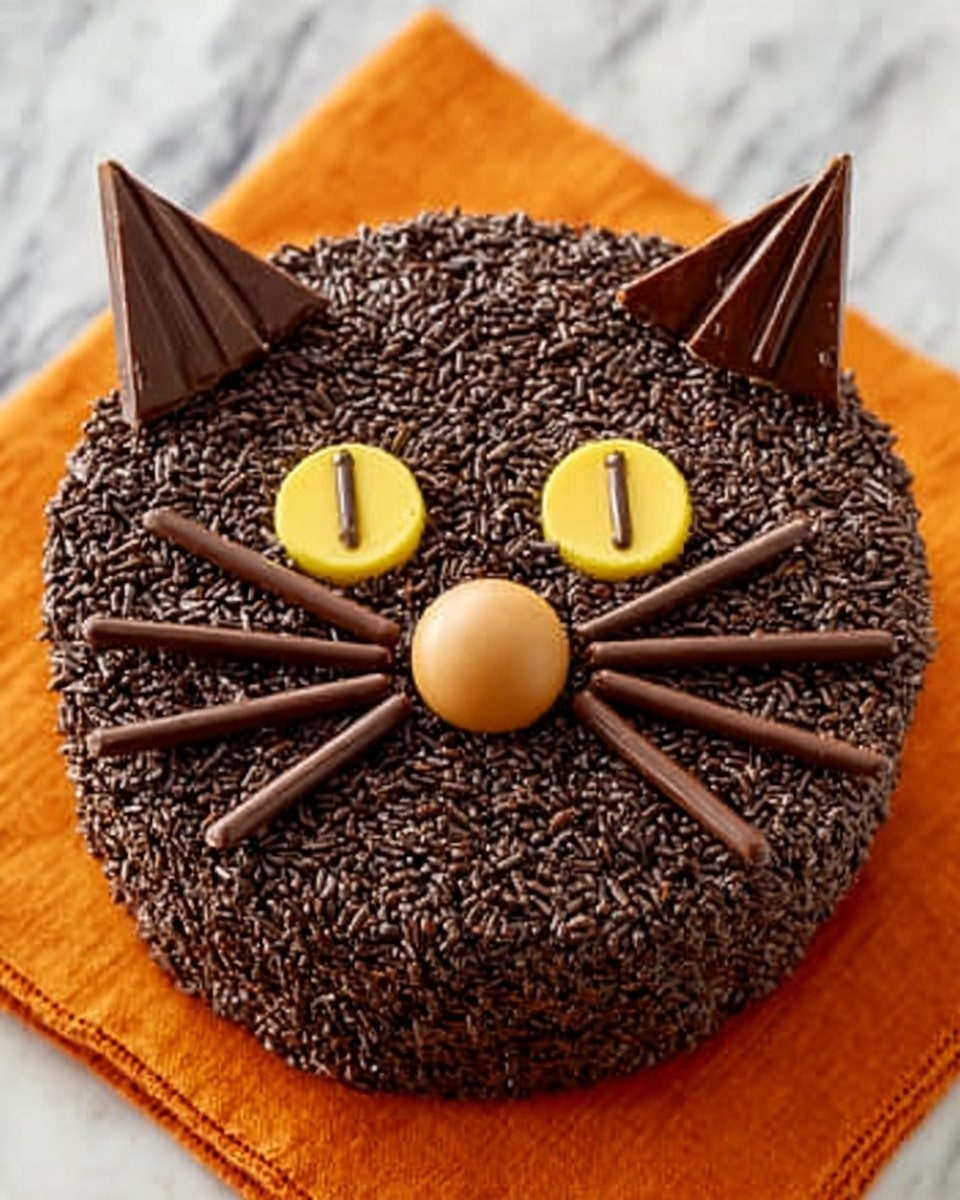 A round chocolate cake is decorated to look like a cat’s face. The top is covered fully with small, dark chocolate sprinkles, giving it a rough texture. Two triangular milk chocolate pieces stick up at the top for cat ears. Two yellow candy circles with small, dark chocolate lines on them form the cat’s eyes. A round, light brown candy ball is placed in the center for the nose. Thin, long dark chocolate sticks come out on each side of the nose forming whiskers. The cake sits on an orange cloth, on a white marbled surface. Photo taken with an iphone --ar 4:5 --v 7