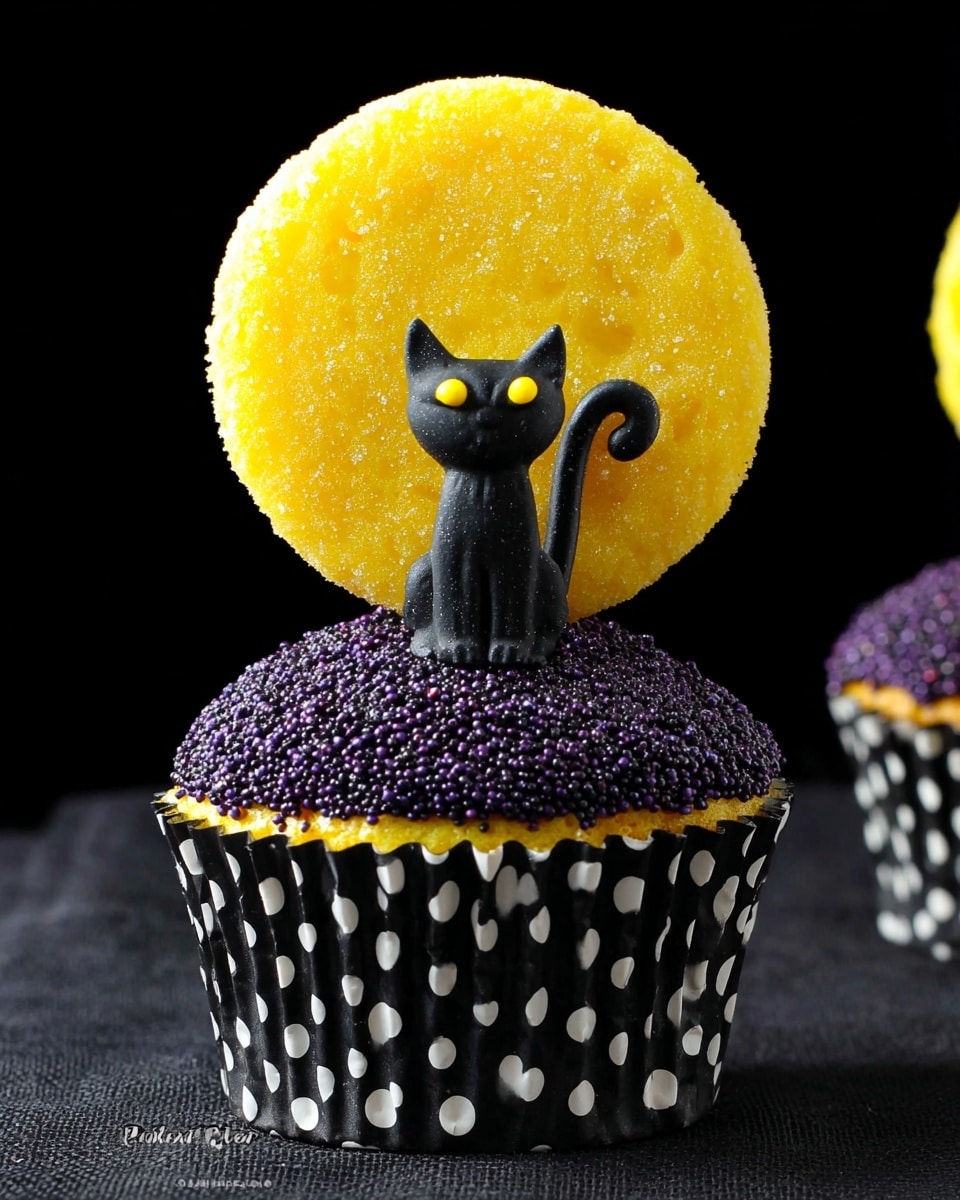 A single cupcake with a black and white polka dot paper wrapper is topped with a thick layer of dark purple and black sugar sprinkles covering the frosting. On top, a small black cat figurine with bright yellow eyes stands in front of a bright yellow, round, sugar-coated candy disk, creating a Halloween theme. The whole scene is set against a white marbled surface. photo taken with an iphone --ar 4:5 --v 7