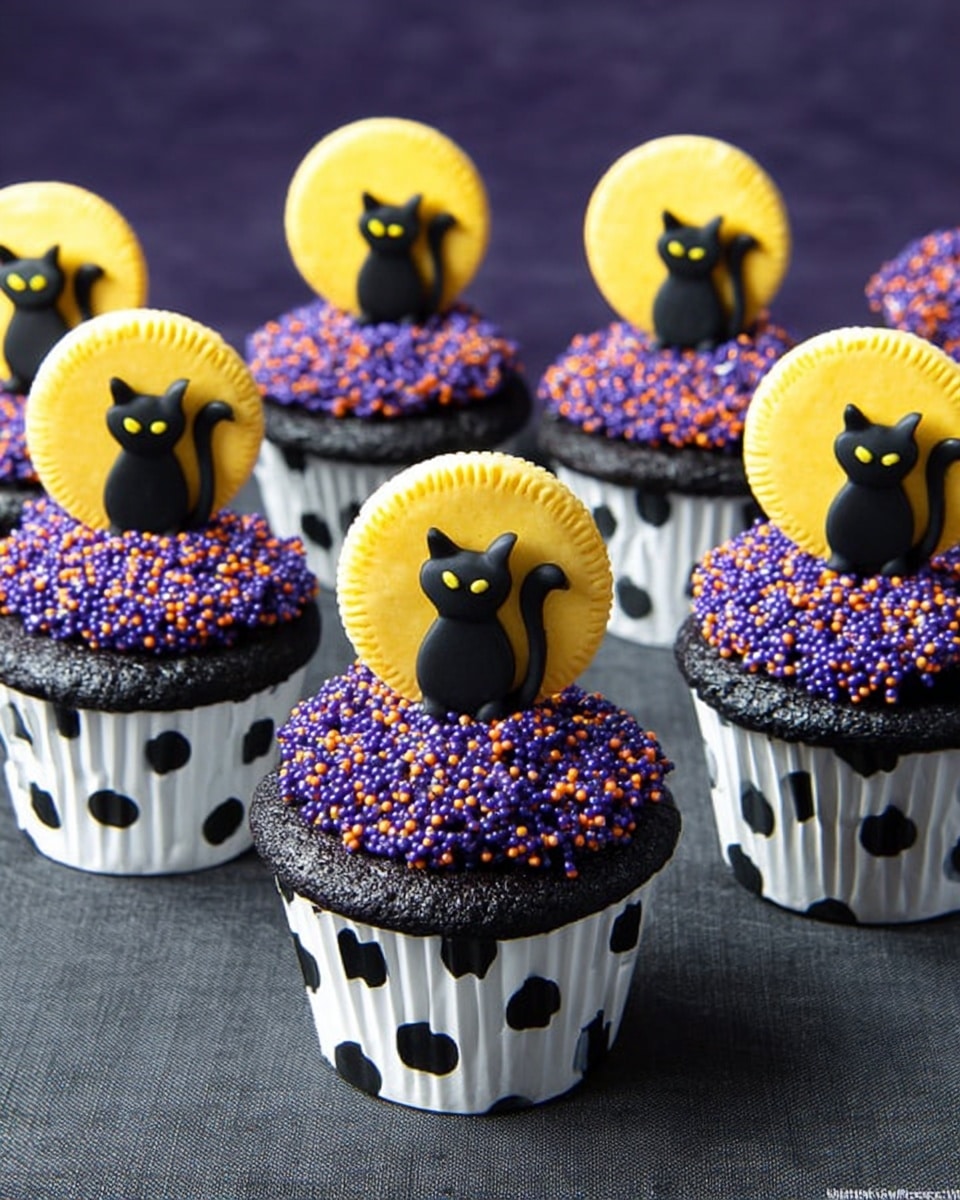 The image shows six cupcakes in white wrappers with black polka dots. Each cupcake has a thick layer of dark purple frosting covered in purple and orange sprinkles. On top of each, there is a round yellow cookie standing upright in the center. In front of each cookie is a small black cat figure with yellow eyes, facing forward. The cupcakes are placed on a flat, smooth, dark surface and arranged in a loose group. Photo taken with an iphone --ar 4:5 --v 7