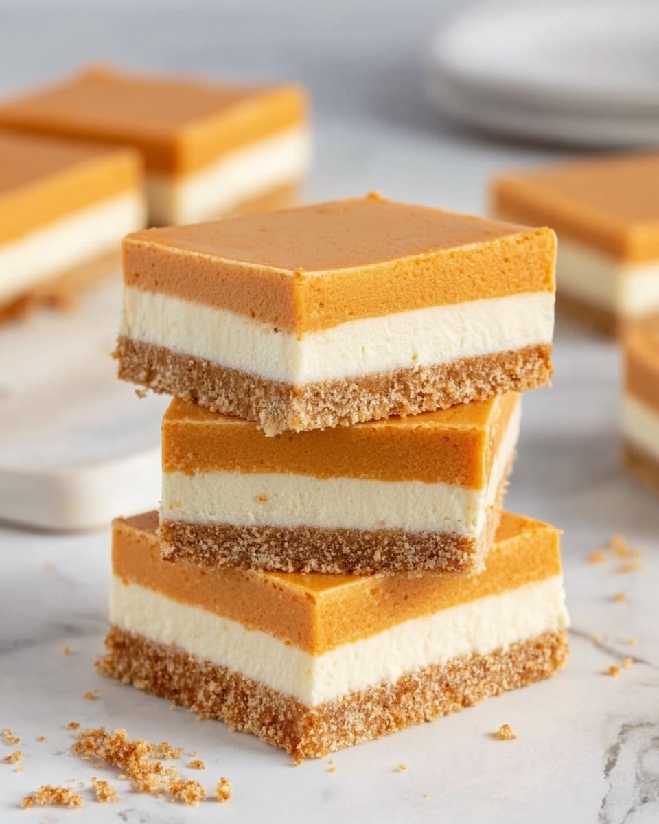 A square dessert with three clear layers sits on a white plate over a white marbled surface. The bottom layer is a crumbly brown crust, the middle layer is a smooth creamy white filling, and the top layer is a thick orange pumpkin-like mousse. On top of the orange layer is a swirl of white whipped cream dusted with a light sprinkle of cinnamon. There is a bite taken from the front right side of the dessert, showing the texture inside. In the background, more square desserts with white whipped cream and small orange pumpkin decorations sit on parchment paper on a wooden board. Two cinnamon sticks lay near the plate. Photo taken with an iphone --ar 4:5 --v 7