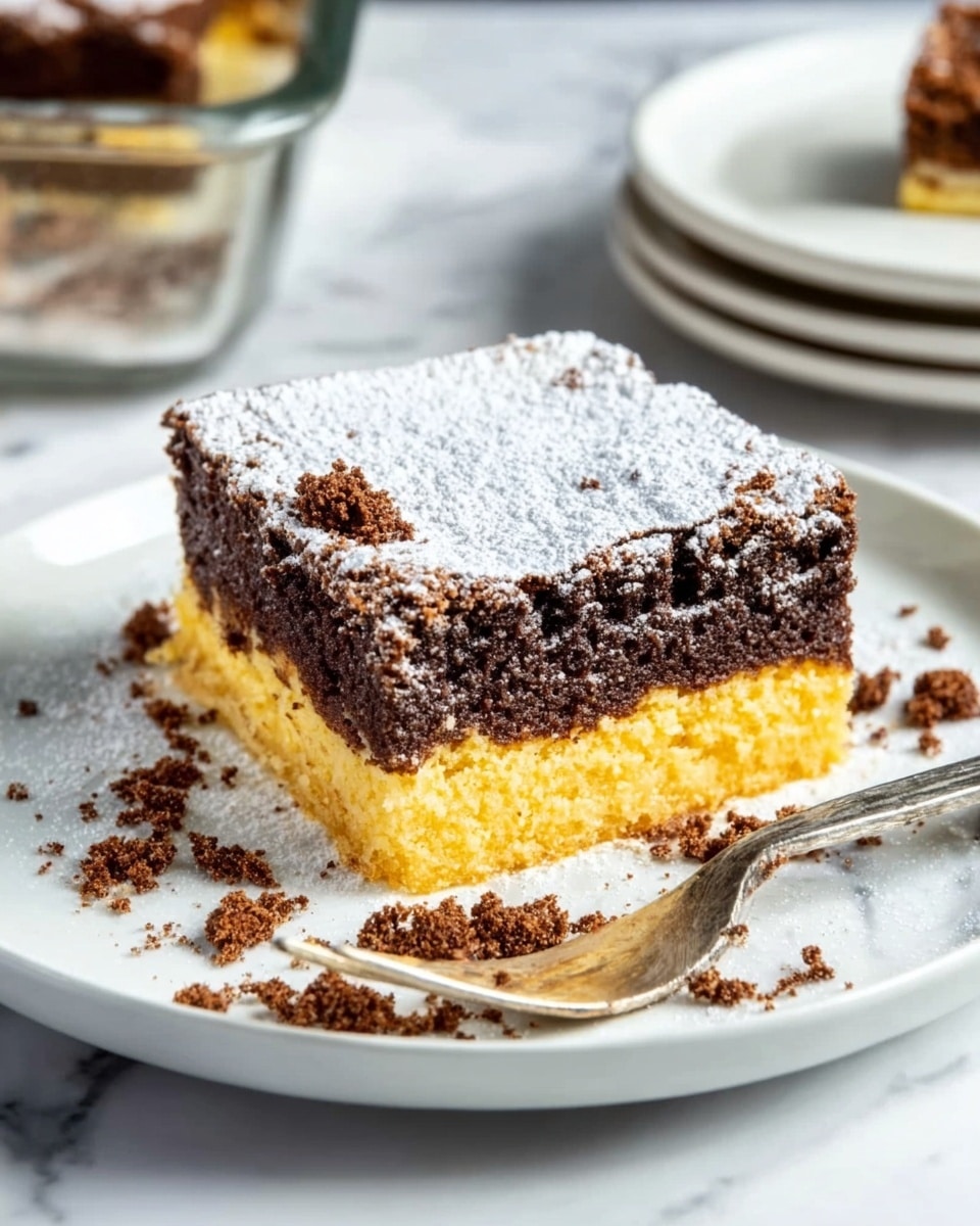 The image shows three white plates, each holding a square dessert with two visible layers: a thick, moist dark brown top layer with a slightly crinkled texture, and a thin, bright yellow bottom layer. The desserts are on a rustic wooden surface, with a white baking dish filled with more of the dessert in the upper left. Nearby are two small white containers, one with a pile of powdered sugar and the other with a brown powder. A striped cloth is partially visible to the left, and a silver fork is placed on the bottom right corner. Photo taken with an iphone --ar 4:5 --v 7