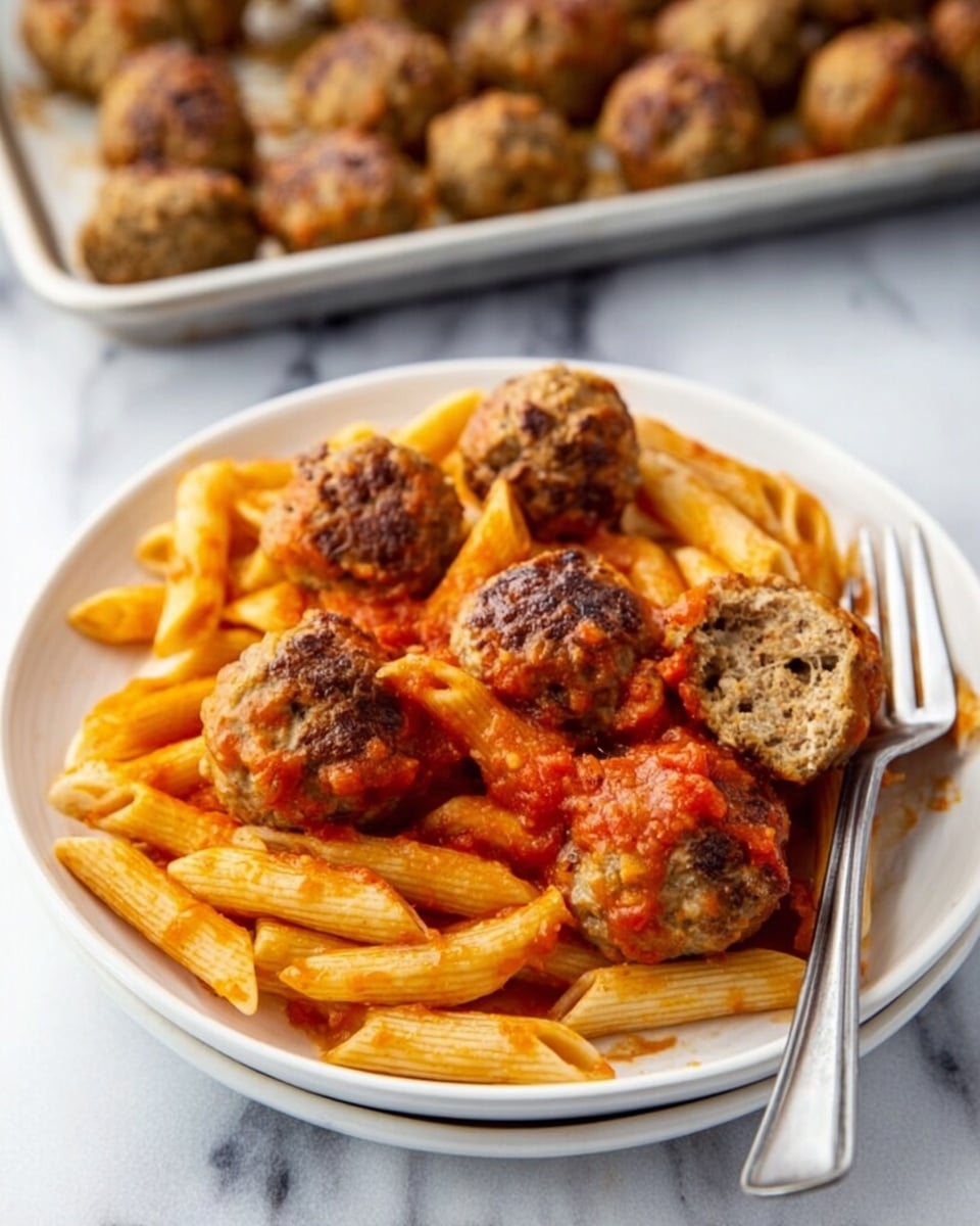 A white plate filled with layers of penne pasta coated in bright red tomato sauce topped with seven browned meatballs scattered on top. To the upper left, a silver tray holds many browned meatballs closely packed on a white marbled surface. To the upper right, there are two clear glass bowls, one filled with grated pale yellow cheese and the other with mixed green leafy salad. A silver fork rests on the bottom right edge of the plate. Photo taken with an iphone --ar 4:5 --v 7