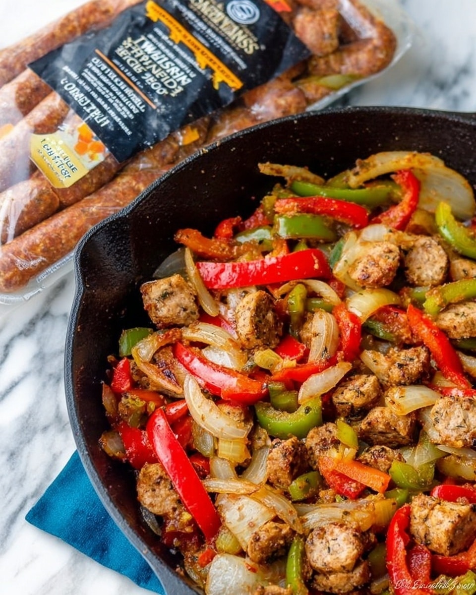 A black pan filled with three layers of thin strips: the bottom layer has sautéed white onion strips, on top of it are colorful bell pepper strips in red, yellow, and green, and scattered throughout are light brown cooked chicken strips. Two lime wedges rest on the right side of the pan. The pan is set on a white marbled surface with small bowls around it holding white sour cream, lime wedges, and green chopped herbs, along with some fresh cilantro in the corners. A woman's hand holds the pan handle, which has a gray and white striped cloth wrapped around it. photo taken with an iphone --ar 4:5 --v 7
