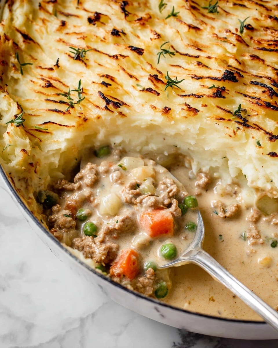 A close-up of a white pan filled with three layers of food: the bottom layer is a creamy beige sauce mixed with small pieces of cooked ground meat, green peas, orange carrot cubes, and herbs; the middle layer is thick and rich with a smooth texture; the top layer is mashed potatoes spread evenly with golden-brown grill marks and small green herb sprigs on top, showing a crispy surface. A silver spoon is scooping a serving from the right side, resting in the creamy mixture. The background is a white marbled surface. Photo taken with an iphone --ar 4:5 --v 7