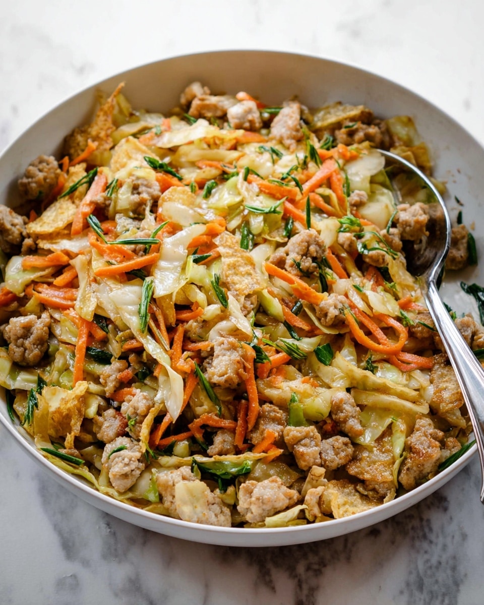 A white bowl filled with a stir-fry dish showing multiple layers of ingredients. The base layer has small chunks of light brown cooked meat mixed with thin slices of pale green cabbage. On top, there are thin strips of bright orange carrots and pieces of fried light golden brown skin. Green herbs are scattered throughout, adding flecks of fresh color. A silver spoon rests on the right side of the bowl, partly under the food, and some of the food looks slightly shiny from sauce. The bowl sits on a white marbled surface. Photo taken with an iphone --ar 4:5 --v 7