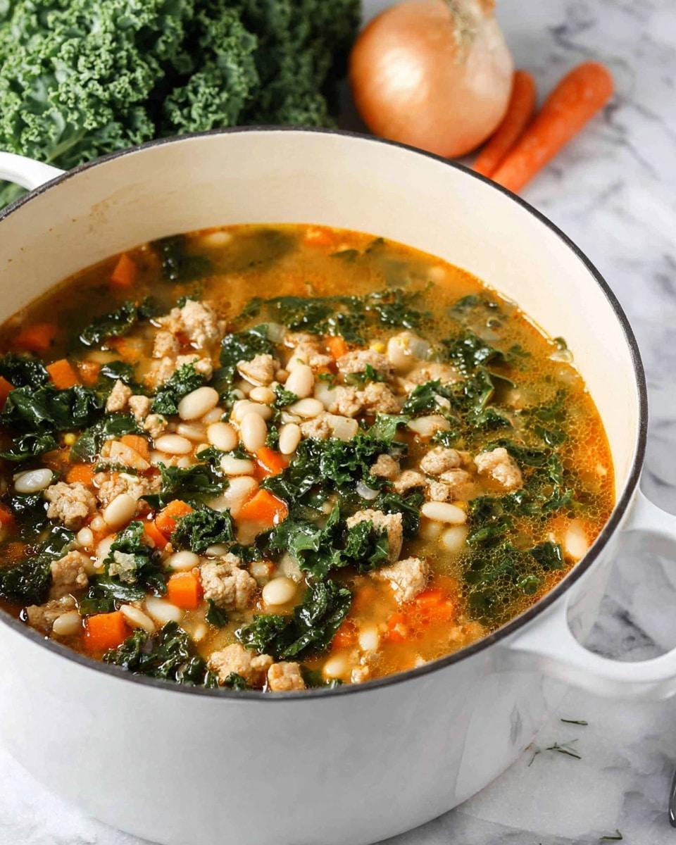 The image shows a white pot filled with a thick soup that has three main layers: a base layer of light orange broth, a middle layer made up of white beans and small chunks of light beige ground meat, and a top layer of dark green leafy vegetables mixed evenly throughout. Around the pot, on the white marbled surface, there is a bunch of fresh kale, some sprigs of bright green parsley, a bright orange carrot, and a small piece of brown ginger root. The pot handle is visible on the left side, and the overall setting has a bright, clean look. Photo taken with an iphone --ar 4:5 --v 7