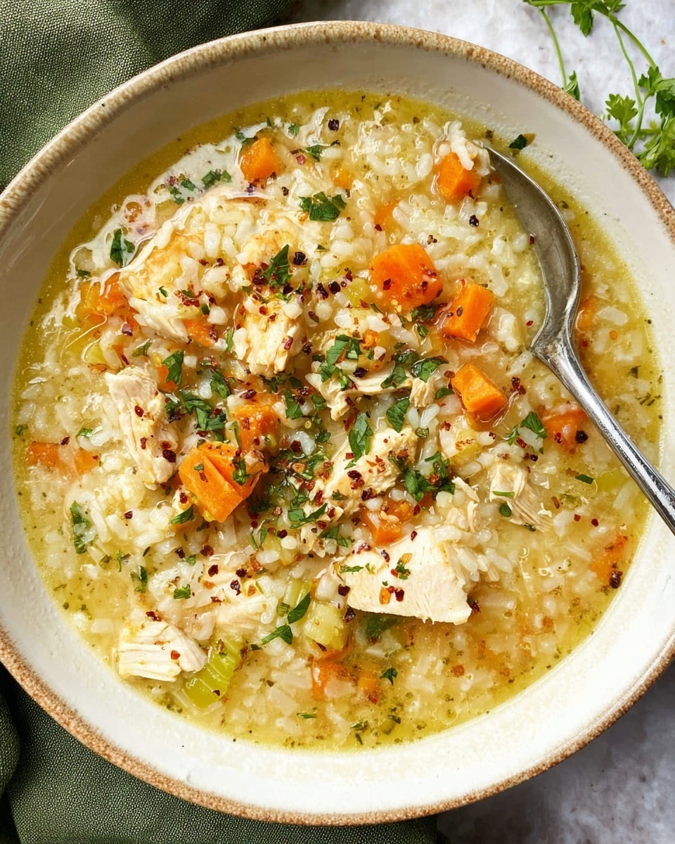 This image shows a shallow white ceramic bowl filled with a creamy risotto-style soup. The dish has different layers: a creamy pale yellow base with soft grains of rice and small bright orange carrot chunks, scattered pieces of cooked chicken in light brown with grilled marks, and tiny green herb bits sprinkled throughout. There is a silver spoon resting on the right side of the bowl, slightly embedded in the thick soup, reflecting some light and showing bits of rice and carrot. In the background, there is a whole carrot and some green herbs slightly out of focus, set on a white marbled surface. photo taken with an iphone --ar 4:5 --v 7