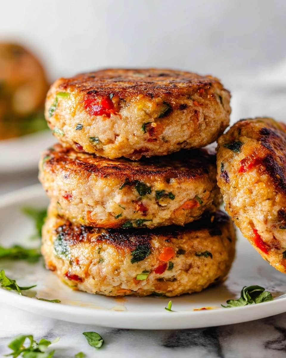 Close-up of a single cooked patty that is oval-shaped and thick, with a golden brown, slightly crispy top layer that shows small bits of green herbs and tiny red pieces mixed in. The patty's surface has a smooth, moist texture with some uneven browning, and it rests on a white marbled surface alongside other similar patties slightly out of focus. A silver fork with a shiny finish is visible at the bottom right corner, touching the patty gently. The overall color palette includes light beige, golden brown, green, and red accents, showing a fresh, homemade look. photo taken with an iphone --ar 4:5 --v 7