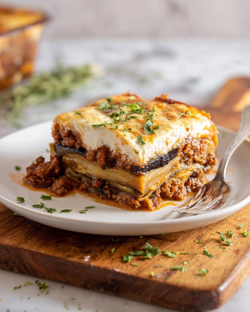 A white rectangular dish holds a baked lasagna cut into six square pieces. The top layer is golden brown and bubbly cheese, with spots of darker browned cheese scattered across the surface. Below the cheese are layers of white creamy sauce and pasta, visible slightly where the piece is being lifted. Green herbs are sprinkled evenly over the top, adding a fresh contrast to the warm colors of the lasagna. The dish is placed on a white marbled surface. photo taken with an iphone --ar 4:5 --v 7