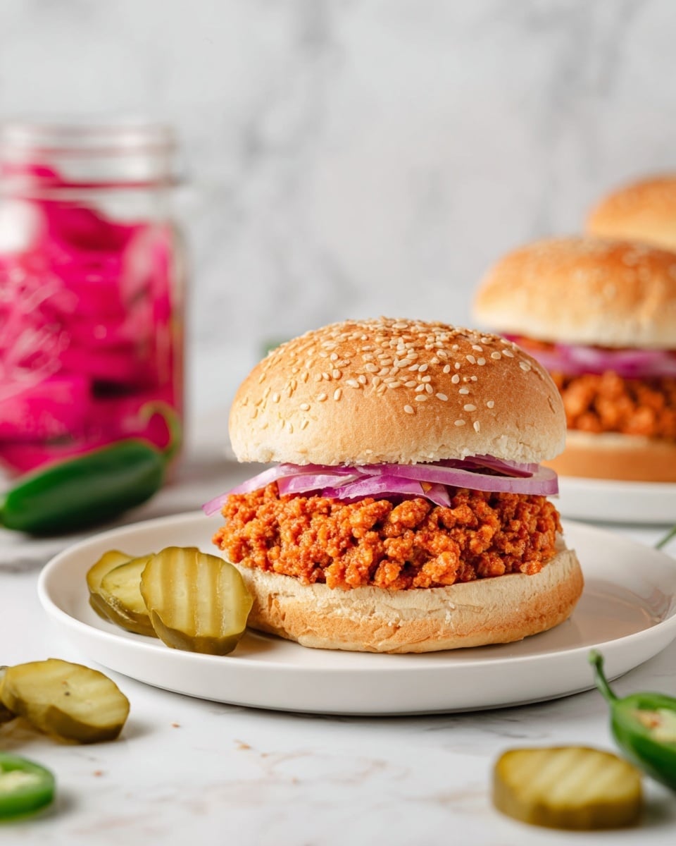 A white round bun sandwich filled with a reddish-orange sloppy joe mixture that looks saucy and textured, sitting on a white marbled surface, with a woman's hand holding the sandwich from the side. The sandwich has no extra layers visible besides the bun and the thick sloppy joe filling inside. photo taken with an iphone --ar 4:5 --v 7
