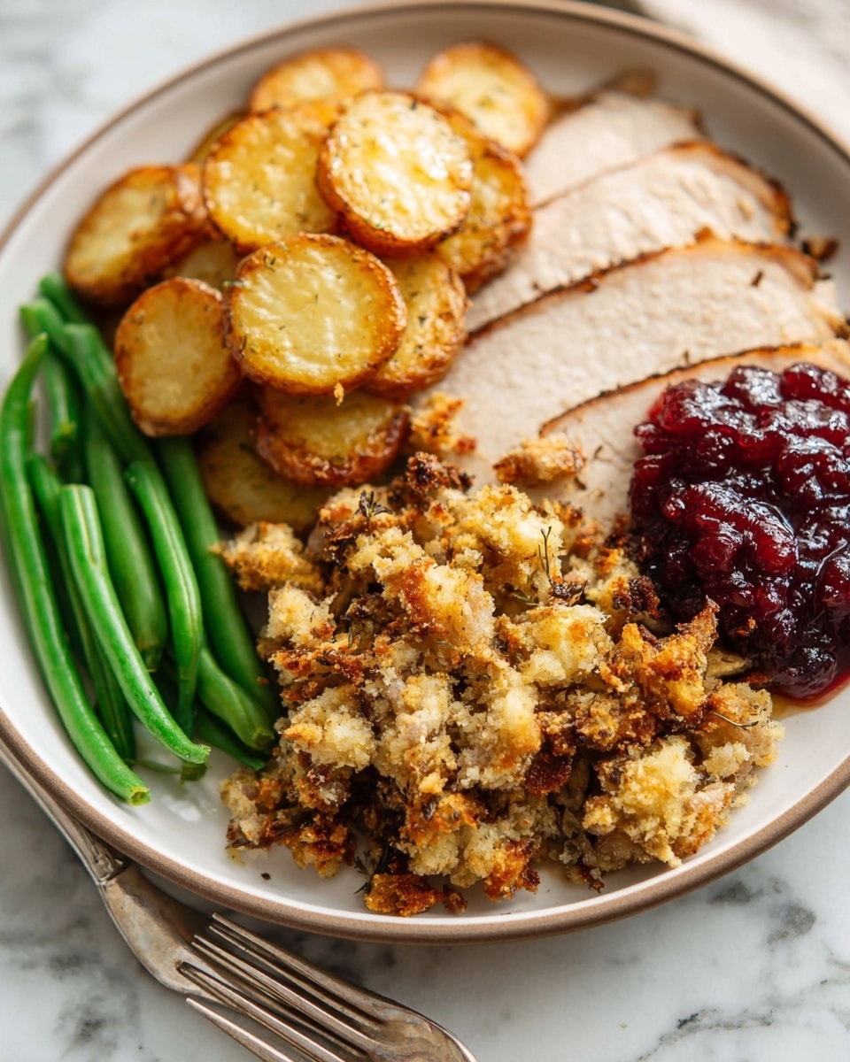 The dish shows a white plate filled with four main parts: green beans on the left side, small round roasted potatoes above the green beans, sliced cooked chicken in the upper middle, and a central serving of stuffing covered with brown gravy sauce. There is also a dollop of dark red cranberry sauce near the chicken. The plate sits on a white marbled surface with a silver fork near the bottom right corner visible. Photo taken with an iphone --ar 4:5 --v 7