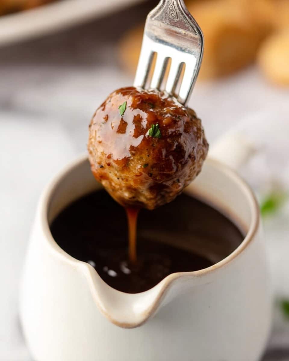 A close-up image showing a silver fork holding a shiny, brown meatball with small visible herbs and spices, dipped halfway into a white ceramic sauce pitcher filled with thick, dark brown gravy. The background is a soft blur with hints of light brown objects. The whole scene sits on a white marbled surface. Photo taken with an iphone --ar 4:5 --v 7