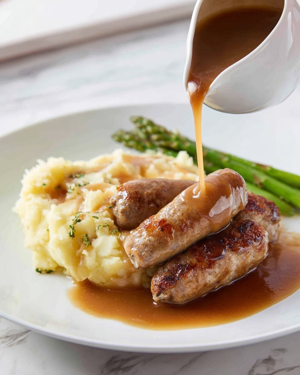 The image shows a white plate with two brown sausages covered partially in thick brown gravy, one sausage is cut open to show a light-colored inside with green herbs. Next to the sausages is a large scoop of creamy, pale yellow mashed potatoes with smooth texture, also topped slightly with gravy. In the background, there are two green asparagus stalks placed diagonally behind the sausages. The plate is set on a white marbled surface. A white gravy boat with more brown gravy is slightly blurred in the back. photo taken with an iphone --ar 4:5 --v 7