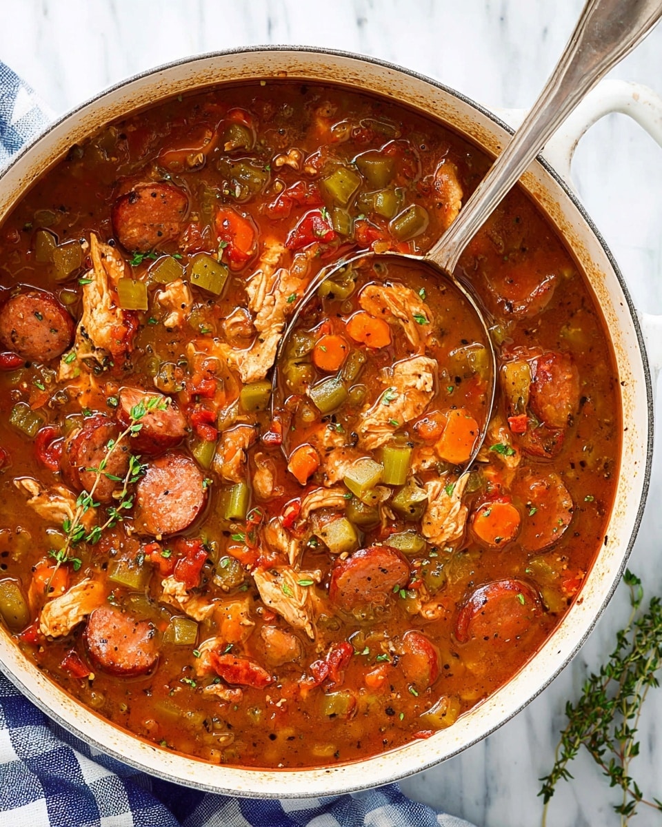 This close-up image shows a dish with one main layer of white rice at the bottom, topped with a thick stew-like mixture. The stew layer has shredded pieces of light brown chicken, slices of green okra with visible seeds, and small pieces of red and green bell pepper scattered around. The stew sauce is reddish-brown and glossy, with small black pepper specks and bits of green herbs sprinkled throughout. The food is in a white bowl set on a white marbled surface. Photo taken with an iphone --ar 4:5 --v 7