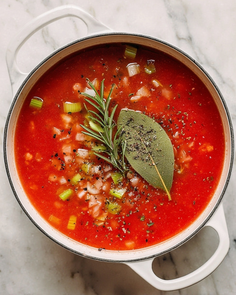 A white pot filled with a bright red tomato soup, showing small chopped pieces of onions and green celery floating on the surface, sprinkled with green herbs and black pepper in the middle, and two fresh rosemary sprigs and a bay leaf placed on top, all sitting on a white marbled surface photo taken with an iphone --ar 4:5 --v 7