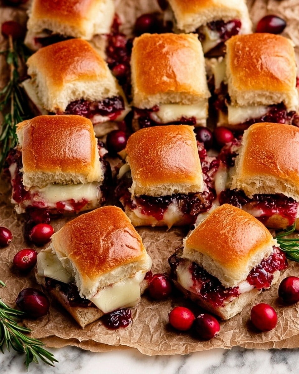 The image shows a group of twelve small square sandwiches arranged closely in three rows on crumpled brown parchment paper. Each sandwich has a glossy, golden-brown top bun that looks soft and a little shiny from seasoning. Inside, there is a visible layer of white melted cheese and bright red cranberry sauce that slightly oozes out from the sides. Fresh whole cranberries and green rosemary sprigs are scattered around the sandwiches. The background surface is a white marbled texture. Photo taken with an iphone --ar 4:5 --v 7