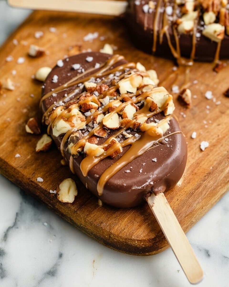 A round chocolate-covered treat on a wooden stick is held by a woman's hand in the front. It has a smooth dark brown chocolate layer topped with chopped nuts in light brown and beige colors, scattered unevenly across the surface. The chocolate layer is drizzled with a lighter brown sauce in thin lines. In the background, there are more similar round treats on sticks, placed on a wooden board, mostly out of focus. The entire scene is set on a white marbled surface with a small glass jar containing a light brown liquid and a wooden stick inside it. photo taken with an iphone --ar 4:5 --v 7