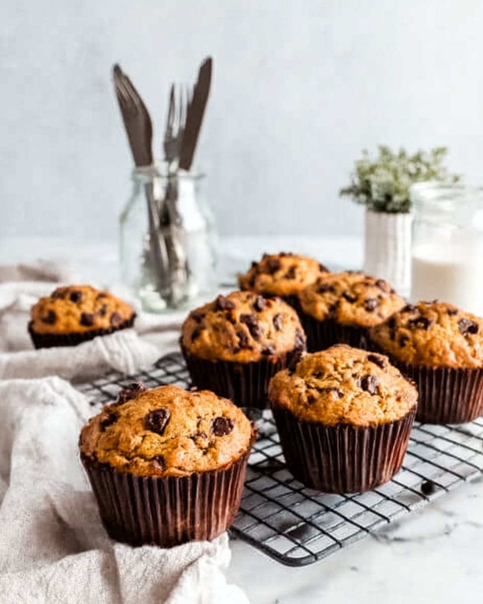 A close-up of a single muffin with a golden brown cracked top, studded with five dark, shiny chocolate chunks unevenly spread across the surface. The muffin sits inside a dark brown ridged paper cup, placed on a metal cooling rack with a grid pattern. The background shows a white marbled texture, softly blurred. The muffin’s texture looks soft yet slightly firm around the edges. photo taken with an iphone --ar 4:5 --v 7