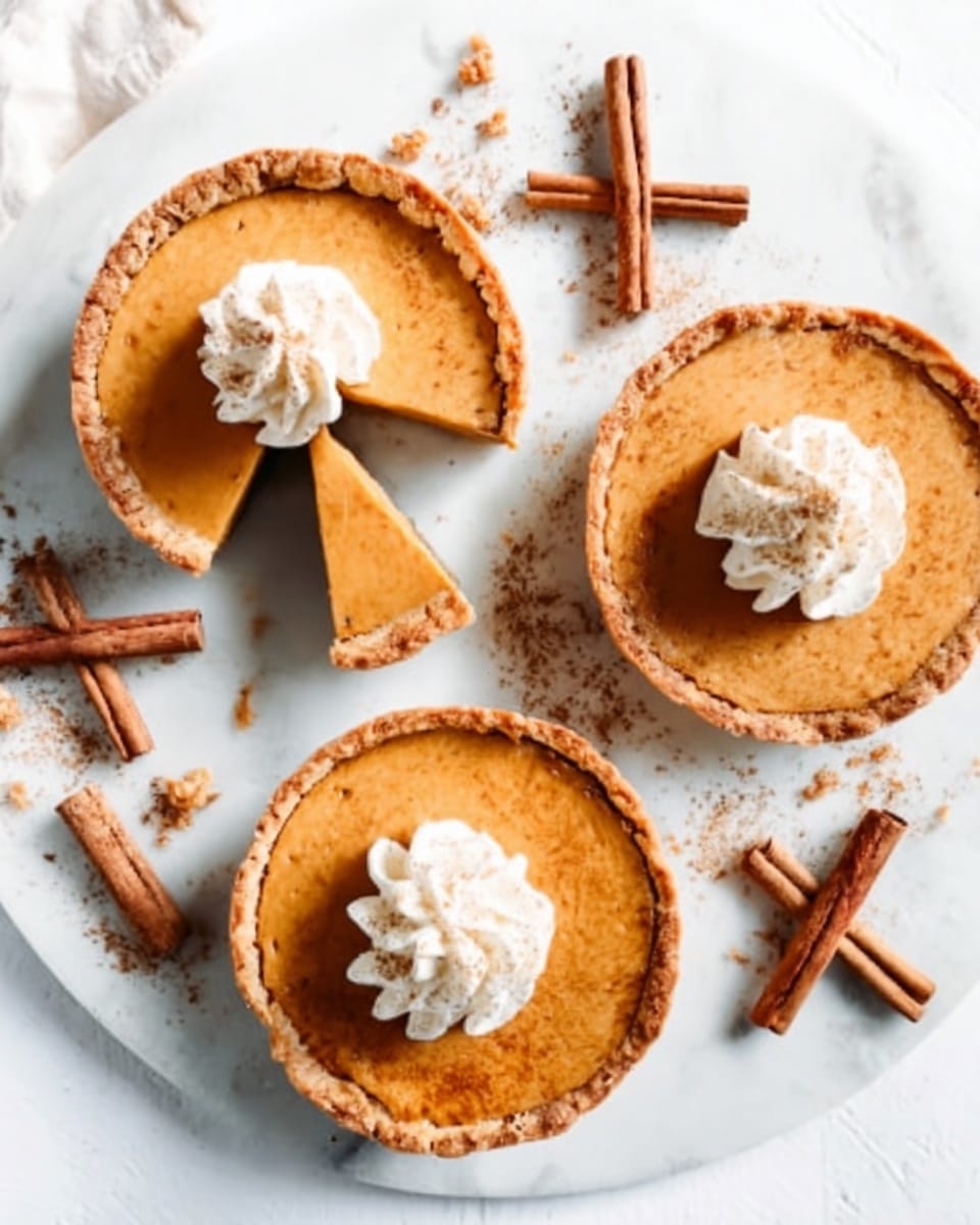 Three pumpkin pies are shown on a white marble surface. Each pie has a golden-brown crust with a smooth, light orange filling. One pie has a wedge cut out and is placed slightly apart, showing the creamy texture inside. On top of each pie is a swirl of whipped cream. Around the pies, there are seven cinnamon sticks scattered in a casual arrangement. Some crumbs are sprinkled near the pies, adding a soft texture contrast. Photo taken with an iphone --ar 4:5 --v 7