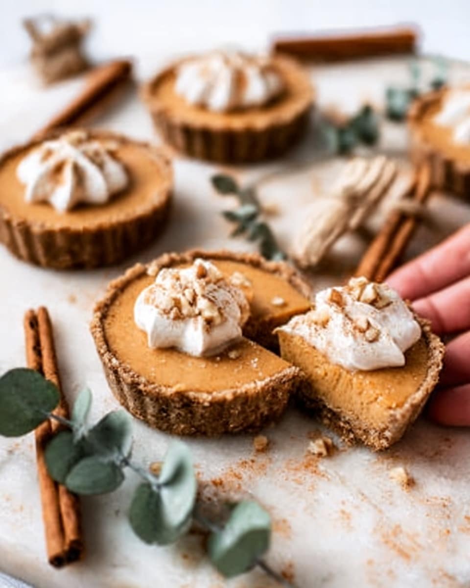 The image shows a small pie with a golden brown top on a white marbled surface. The pie has a rough textured crust that looks crunchy and is filled with smooth light orange filling. On top of the pie, there is a dollop of white whipped cream with a small sprinkle of light brown spices. Around the pie, there are a few cinnamon sticks placed on the surface, and some pie slices nearby with the same crust and filling. The lighting is natural, highlighting the pie's textures softly. Photo taken with an iphone --ar 4:5 --v 7
