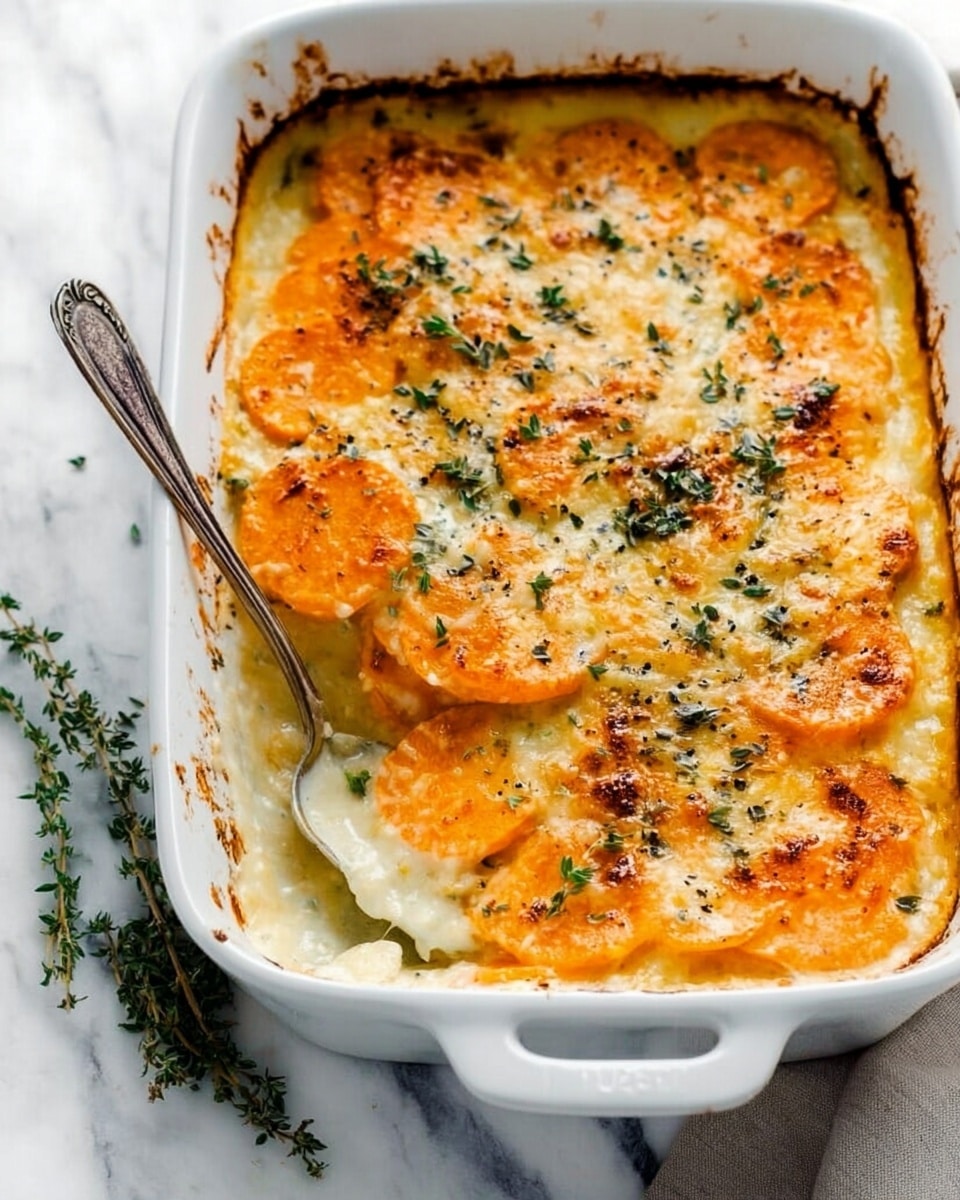 A white baking dish contains a layered sweet potato casserole. The bottom layers show bright orange slices of cooked sweet potato, topped with a creamy white sauce mixed with small bits of herbs. The top layer is covered with melted, slightly golden cheese, sprinkled with green herb leaves, creating a textured surface. A silver serving spoon with a long handle is scooping a portion from the corner, revealing the distinct smooth layers of sweet potato and cheese sauce underneath. The dish is placed on a white marbled surface, with a few fresh herb sprigs nearby. Photo taken with an iphone --ar 4:5 --v 7
