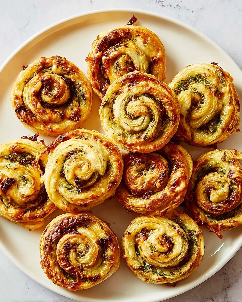 The image shows a white plate with eleven baked puff pastry pinwheels arranged closely together. Each pinwheel has multiple layers starting with a golden-brown flaky outer dough, followed by a green herby or vegetable filling swirl, and small bits of darker browned spots from baking. The layers form a spiral shape making the pinwheels look puffy and crisp, with slightly browned edges and some melted cheese or seasoning visible within the spirals. The plate sits on a white marbled surface. photo taken with an iphone --ar 4:5 --v 7
