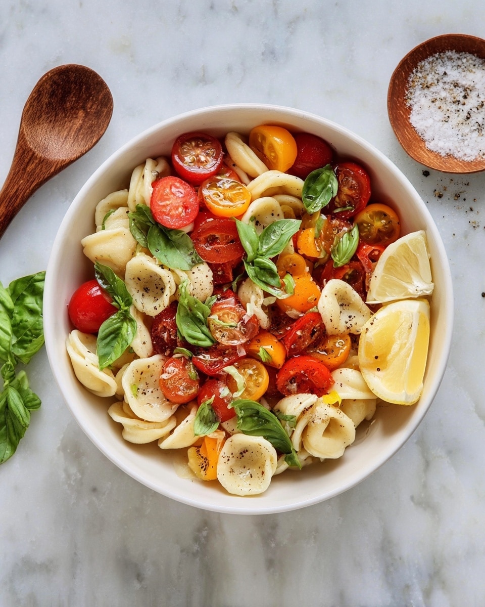 A white bowl filled with three layers: the bottom layer is light-colored orecchiette pasta with a soft, smooth texture, the middle layer consists of halved red and bright orange cherry tomatoes with a shiny, juicy look, and the top layer is fresh green basil leaves scattered over the pasta and tomatoes along with a squeeze of olive oil and black pepper sprinkled on top; a lemon wedge sits on the side of the bowl. The bowl is placed on a white marbled surface with a small wooden bowl of coarse salt beside it. Photo taken with an iphone --ar 4:5 --v 7
