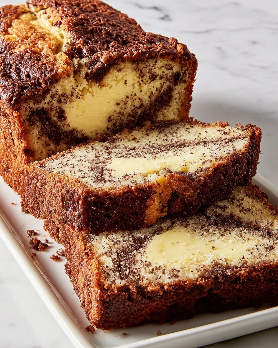 A sliced loaf cake sits on a white rectangular plate over a white marbled surface. The cake features a dark brown, slightly crispy top crust and a speckled light brown interior, with visible bits of darker brown mixed throughout. Inside the cake, a creamy pale yellow layer runs horizontally near the middle, creating a contrast against the speckled cake layers above and below it. The texture of the cake looks moist yet firm, with some crumb pieces breaking off on the plate. Photo taken with an iphone --ar 4:5 --v 7