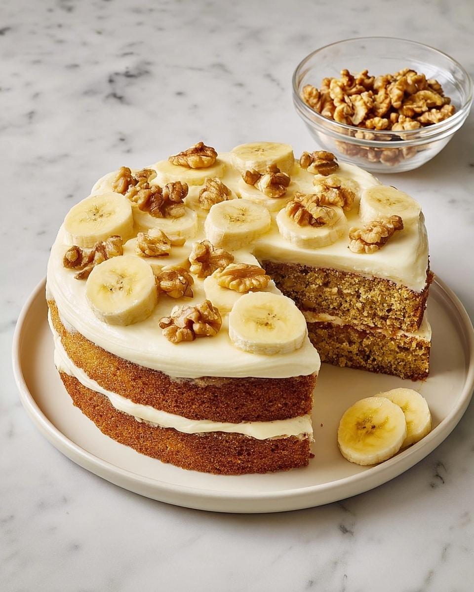 A two-layer round cake sits on a white plate with a smooth, light-colored frosting spread between the layers and on the top. The cake layers are golden brown with a slightly textured surface. On top, there is a thick layer of creamy white frosting, decorated with thick banana slices scattered evenly and small clusters of walnuts placed among the banana slices. One slice of the cake is missing, showing the creamy filling inside. A single banana slice rests next to the cake on the plate. In the background, a small clear glass bowl filled with walnuts sits on the white marbled surface. Photo taken with an iphone --ar 4:5 --v 7