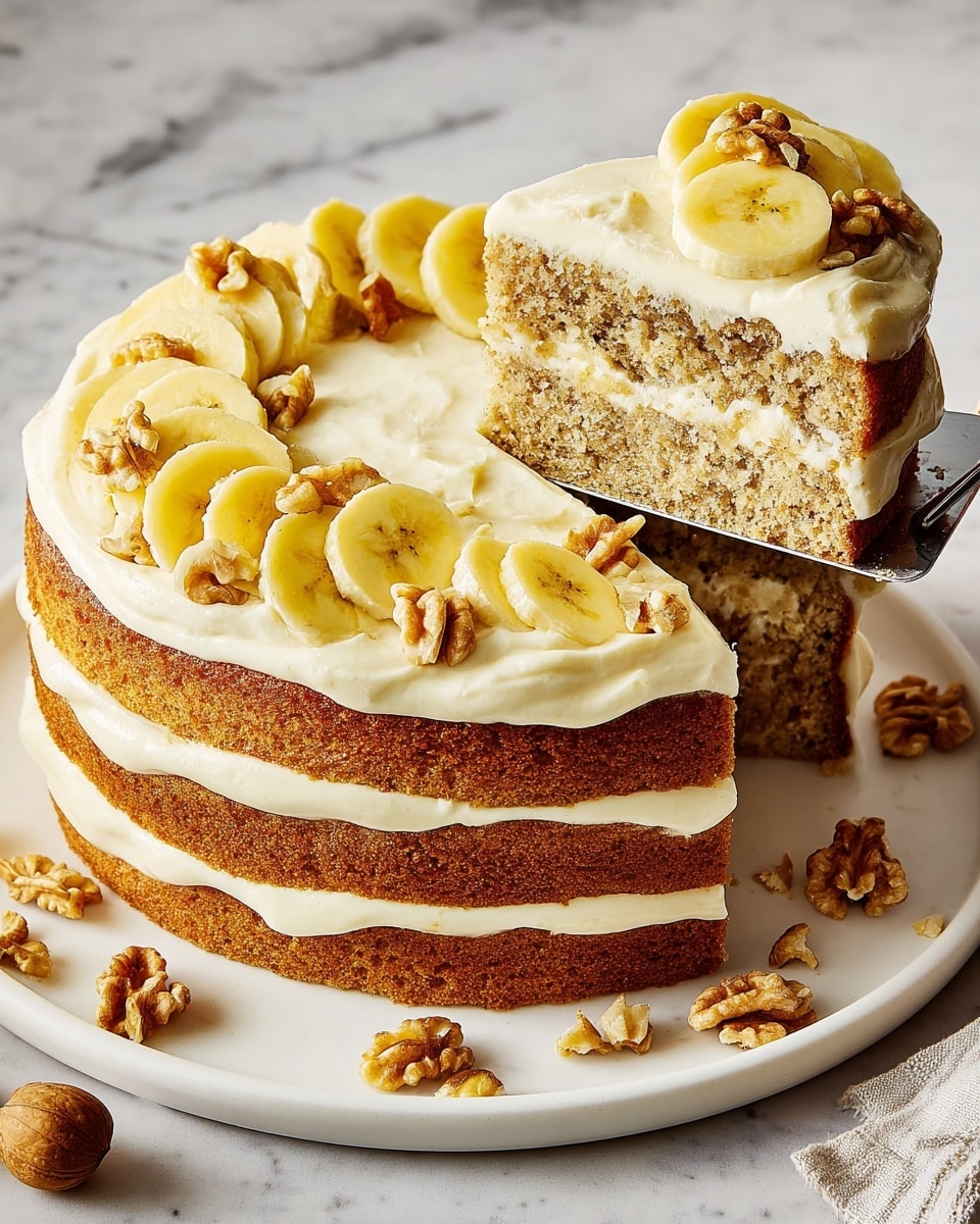 A slice of banana cake with two thick layers of light brown, moist cake filled and topped with creamy white frosting, decorated on top with three banana slices and several whole walnut pieces. The cake sits on a white plate with one banana slice and a few walnut bits on the side. The background is a white marbled texture. photo taken with an iphone --ar 4:5 --v 7