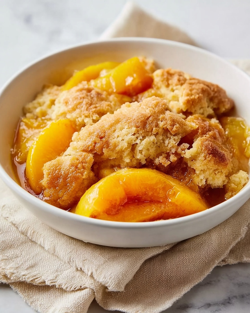 The image shows a clear glass baking dish filled with a peach cobbler. The cobbler has a golden brown crust on top, with a slightly rough texture and some crispy edges. A wooden spoon is scooping out a serving from the corner, revealing layers beneath the crust: soft, juicy peach slices in a bright orange-yellow color, coated lightly with syrup, sitting on top of a beige, moist cake-like base that looks tender and thick. In the background, there are some whole peaches adding a natural and fresh feel to the scene. The dish sits on a white marbled textured surface. Photo taken with an iphone --ar 4:5 --v 7