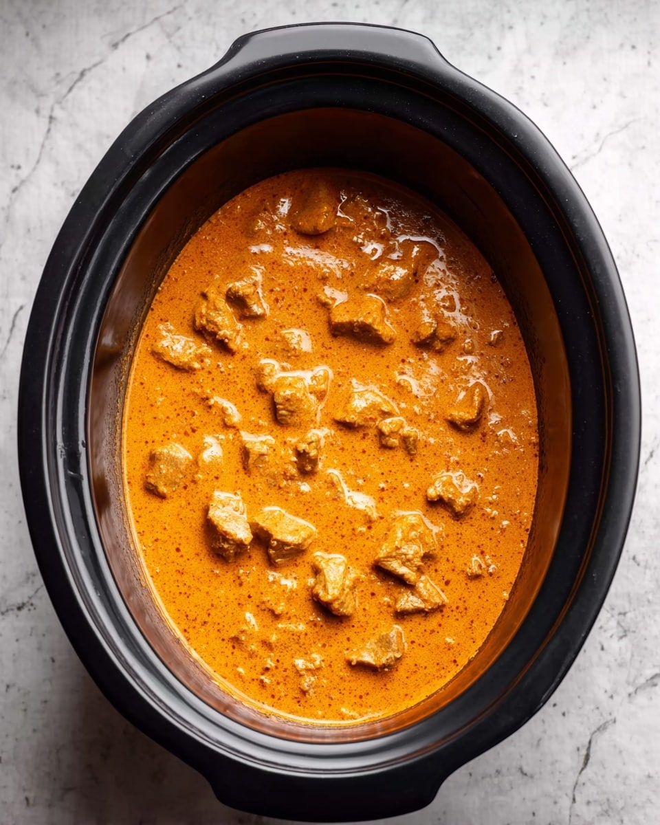 A black slow cooker bowl filled with thick orange sauce with small pieces of meat visible throughout. The sauce has a smooth, creamy texture with specks of spices giving it a rich look. The bowl is oval-shaped and sits on a white marbled surface. photo taken with an iphone --ar 4:5 --v 7