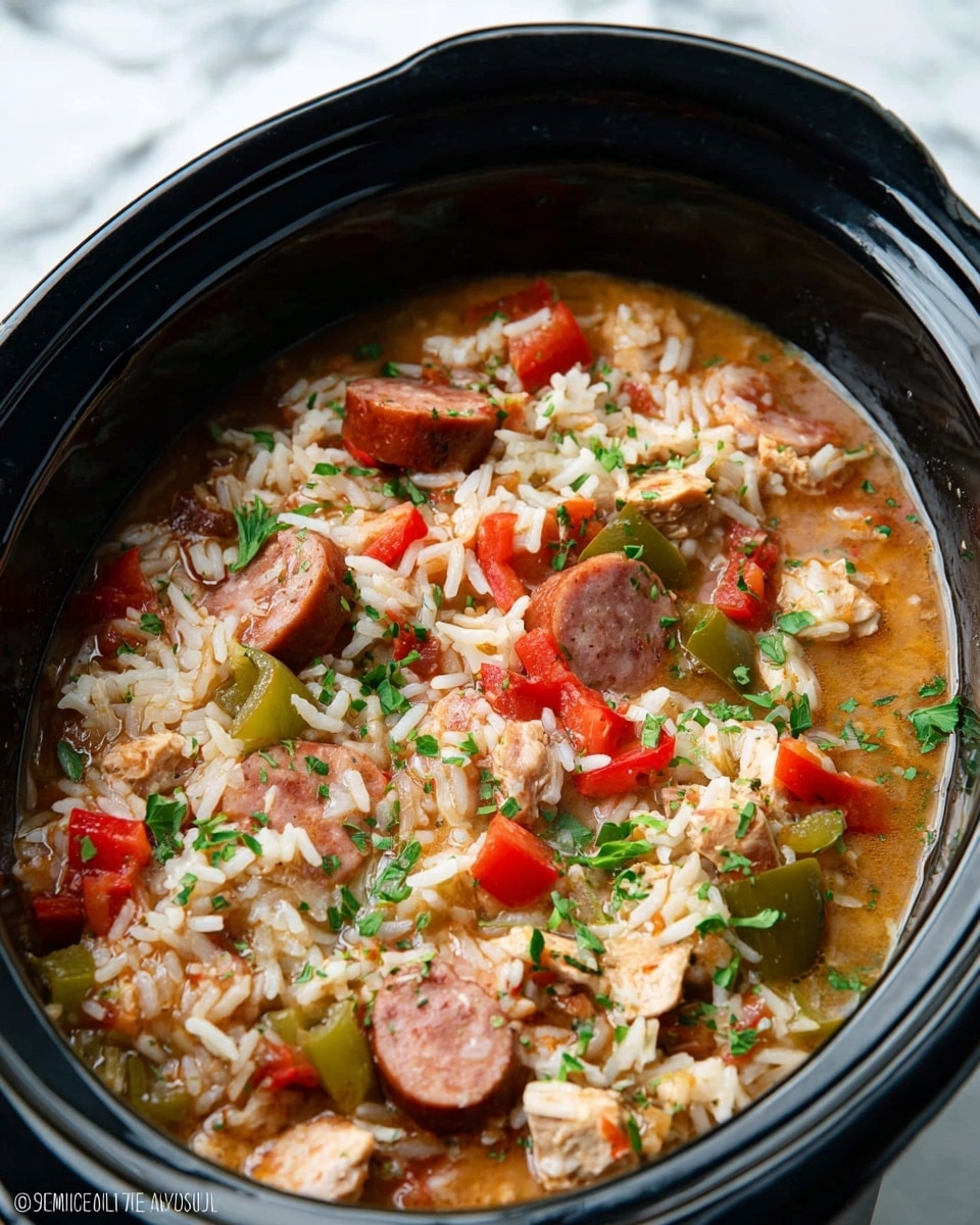 A close-up of a black pot filled with a colorful rice dish being scooped with a black spoon. The scoop has three main layers: at the bottom, white cooked rice grains mixed with bits of green parsley; in the middle, chunks of light brown cooked meat and dark brown sausage slices; on top, bright red and green bell pepper pieces adding vibrant color and a sprinkle of green herbs. The background is a white marbled surface. Photo taken with an iphone --ar 4:5 --v 7