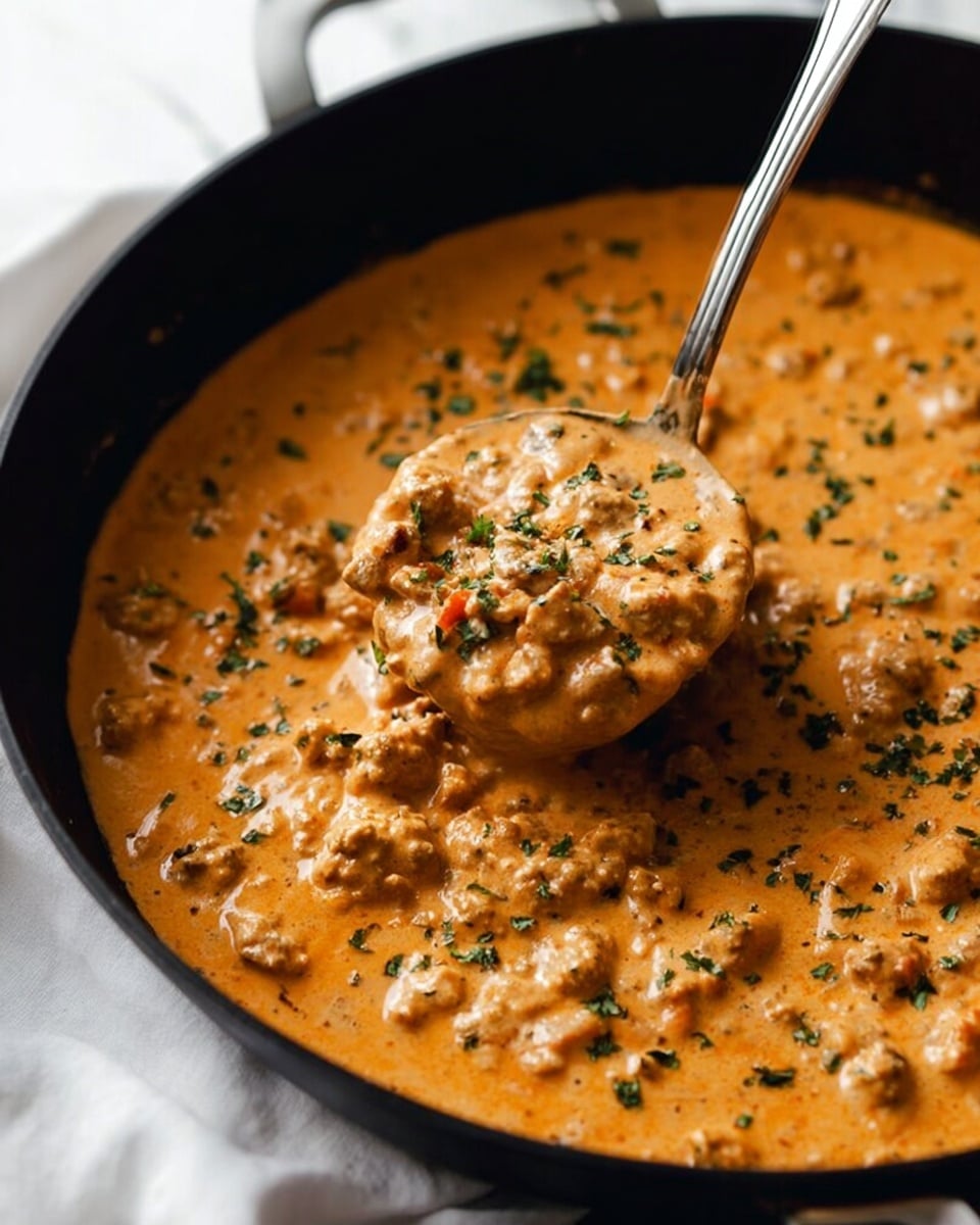 A close-up view of a large black pan filled with thick, creamy orange sauce mixed with small chunks of light brown meat and diced vegetables. The sauce has a smooth yet slightly textured surface sprinkled with finely chopped green herbs. A silver ladle is lifting some sauce, showing the chunky ingredients inside. The pan sits on a white marbled surface. photo taken with an iphone --ar 4:5 --v 7